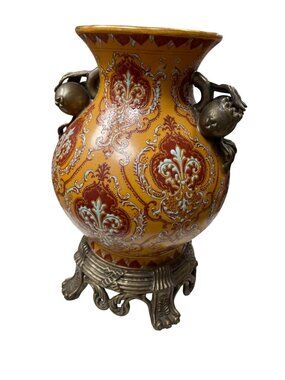 Mark Roberts vtg 10" ceramic urn metal fruit ornate pedestal base vase SKU 10702